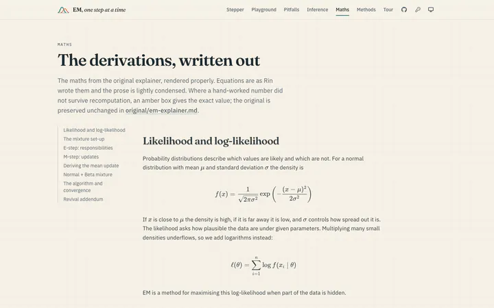 Maths. The explainer's derivations rendered with KaTeX, corrections labelled.