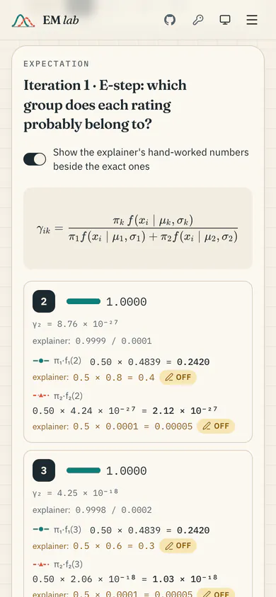 Phone: stepper. The E-step and the explainer's numbers on a phone.